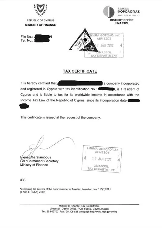 Tax Residency Certificate Cyprus